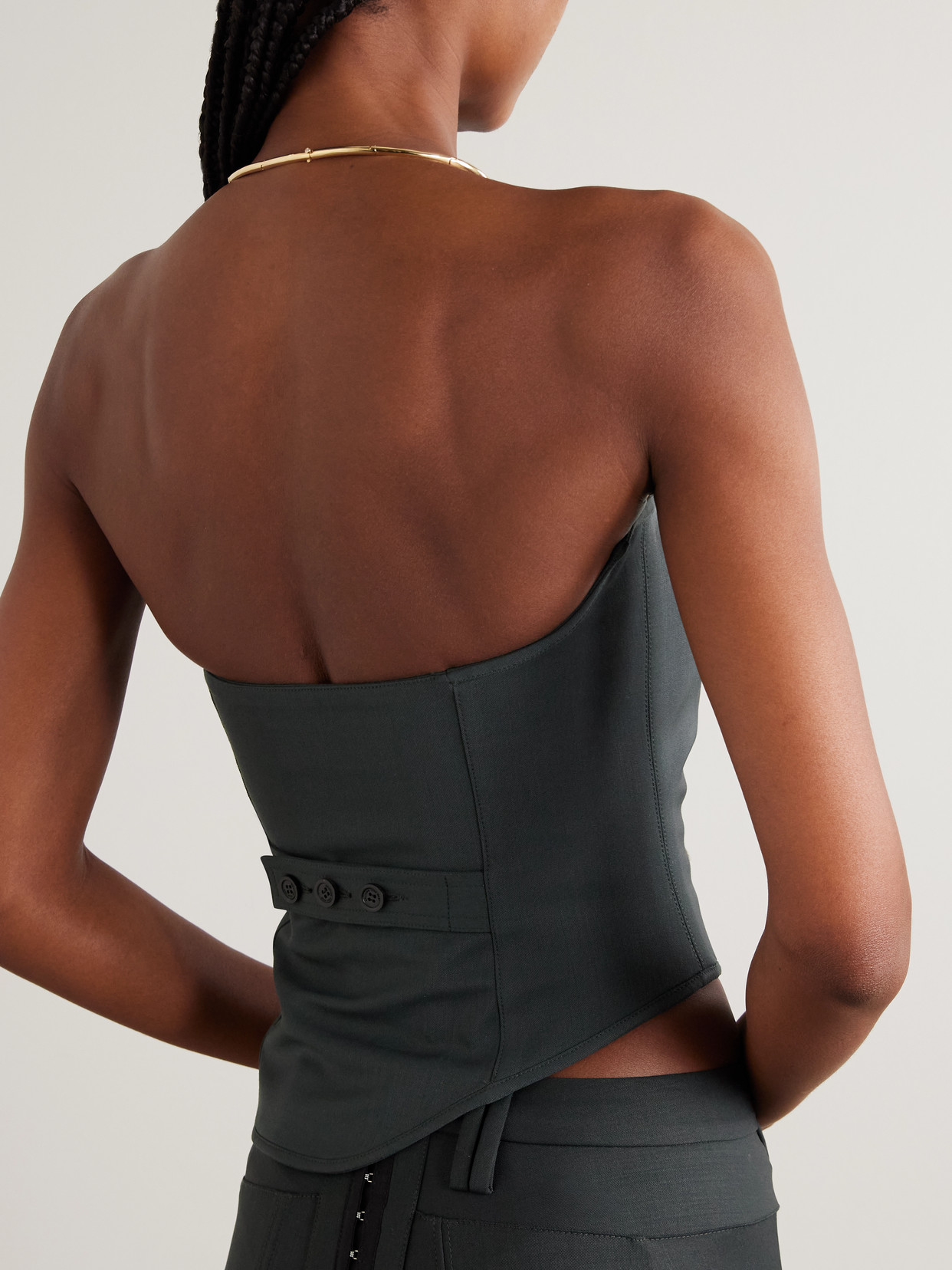 Strapless Asymmetric Wool-Blend Twill Bustier Top