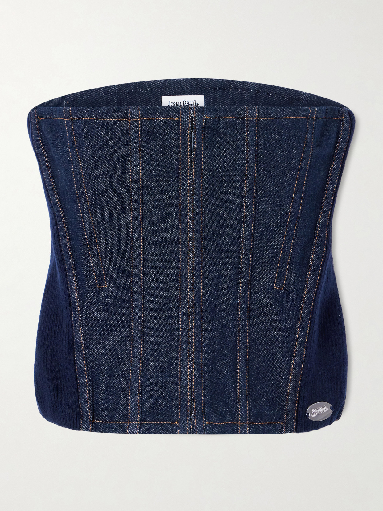 Jean Paul Gaultier Ribbed Wool-blend Trimmed Denim Corset Top In Blue