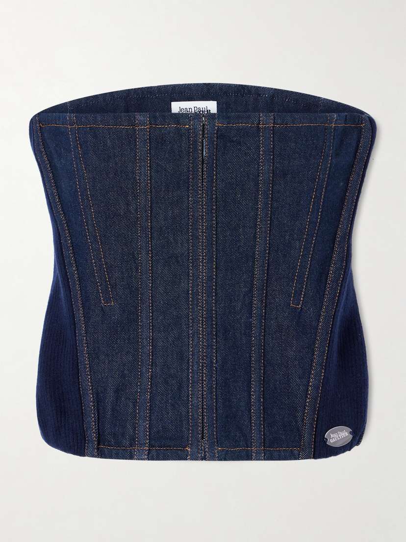 Jean Paul Gaultier Ribbed Wool-blend Trimmed Denim Corset Top
