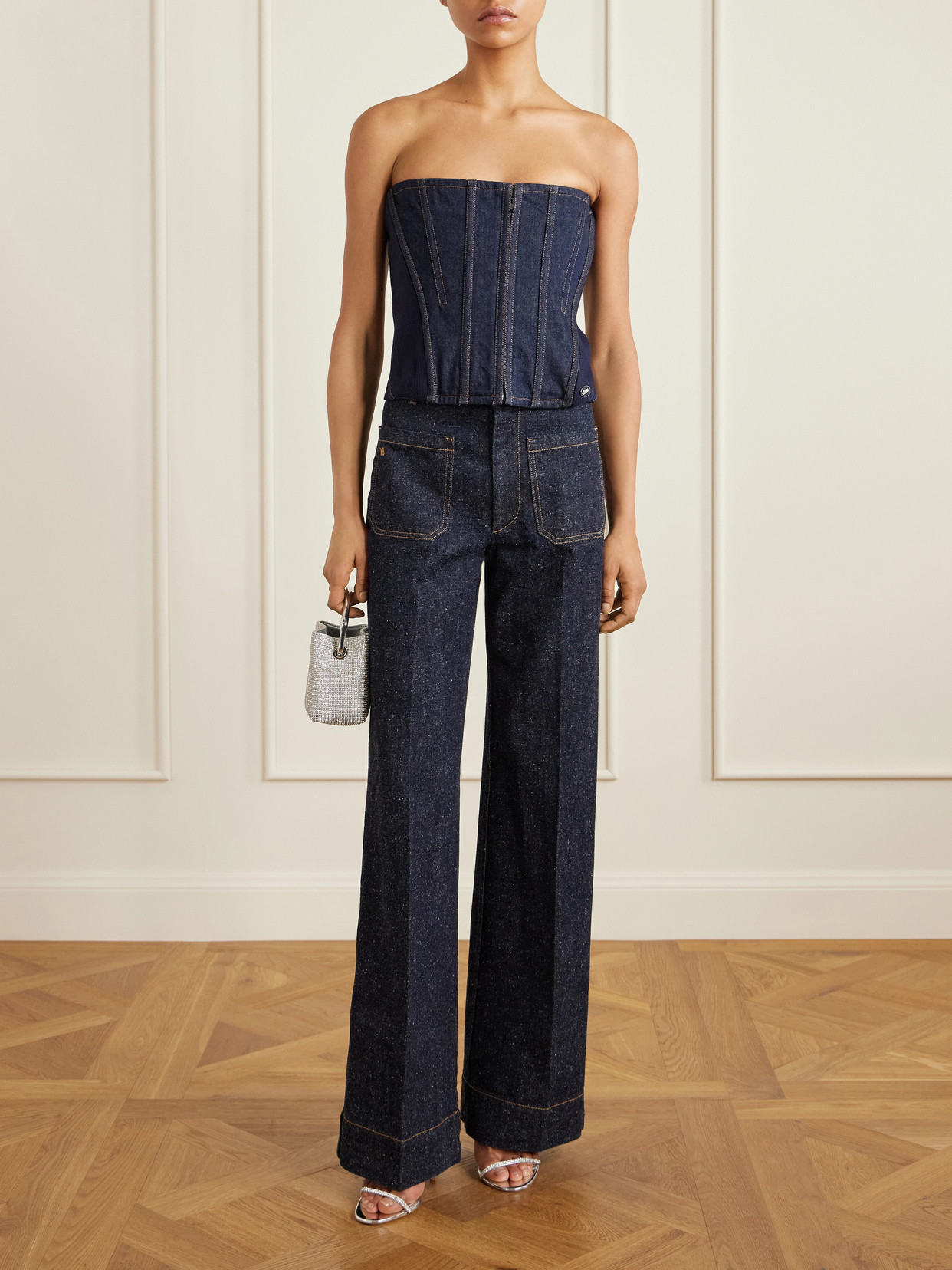 Wool-Blend Trimmed Denim Corset Top