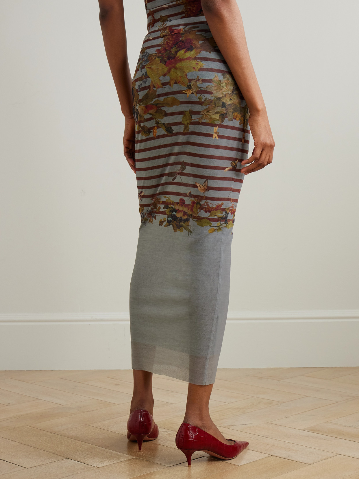 Jean Paul Gaultier Marinière Grape Printed Mesh Midi Skirt In Brown