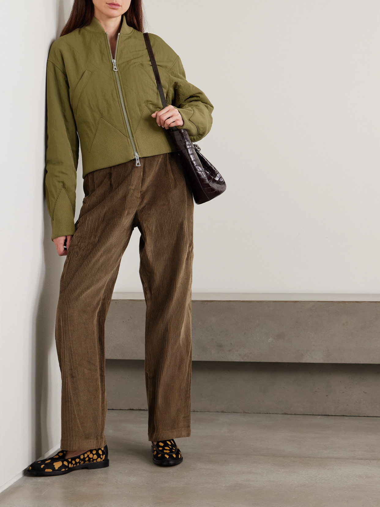 Paneled Quilted Recycled-Shell Bomber Jacket