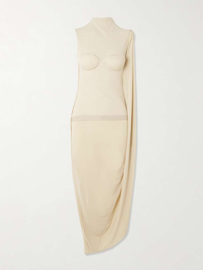 Jean Paul Gaultier Asymmetric Draped Appliquéd Mesh And Stretch-jersey Dress