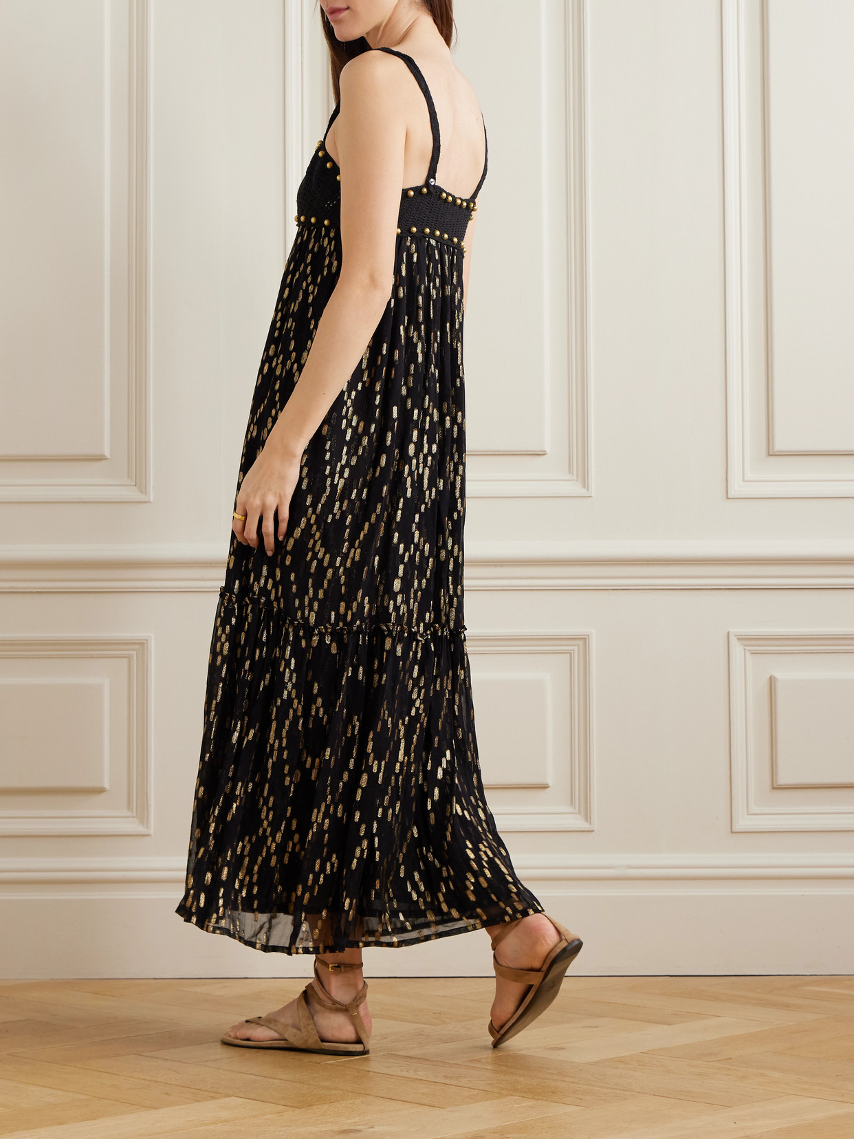 Alix Of Bohemia Victoria Twilight Mist Embellished Crotchet-trimmed Fil Coupé-voile Midi Dress In Black
