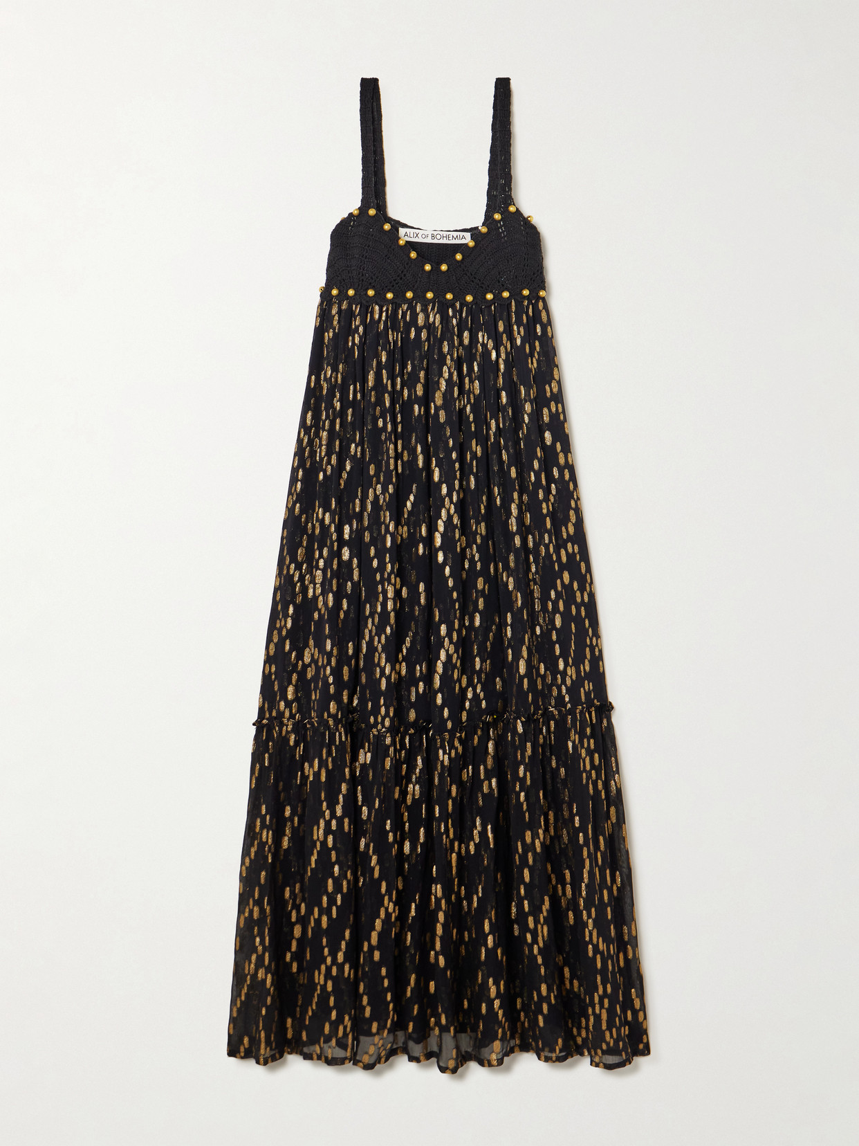 Alix Of Bohemia Victoria Twilight Mist Embellished Crotchet-trimmed Fil Coupé-voile Midi Dress In Black