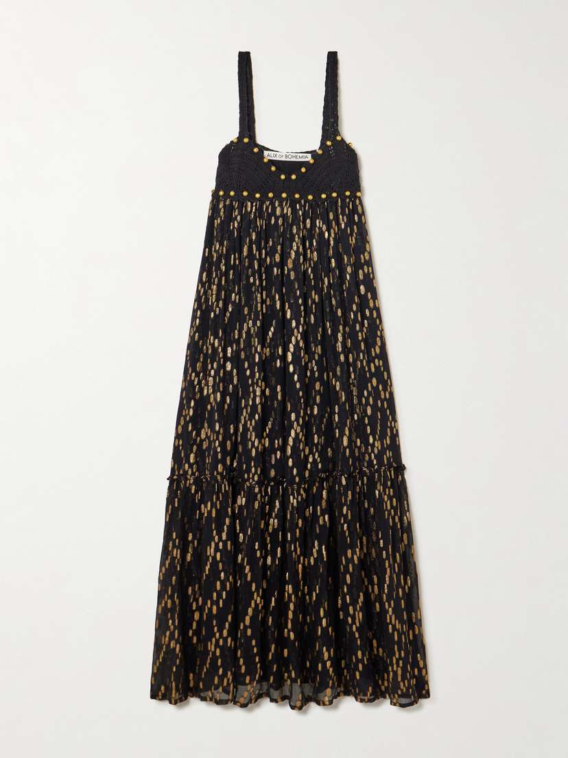 ALIX OF BOHEMIA Victoria Twilight Mist Embellished Crotchet-trimmed Fil Coupé-voile Midi Dress