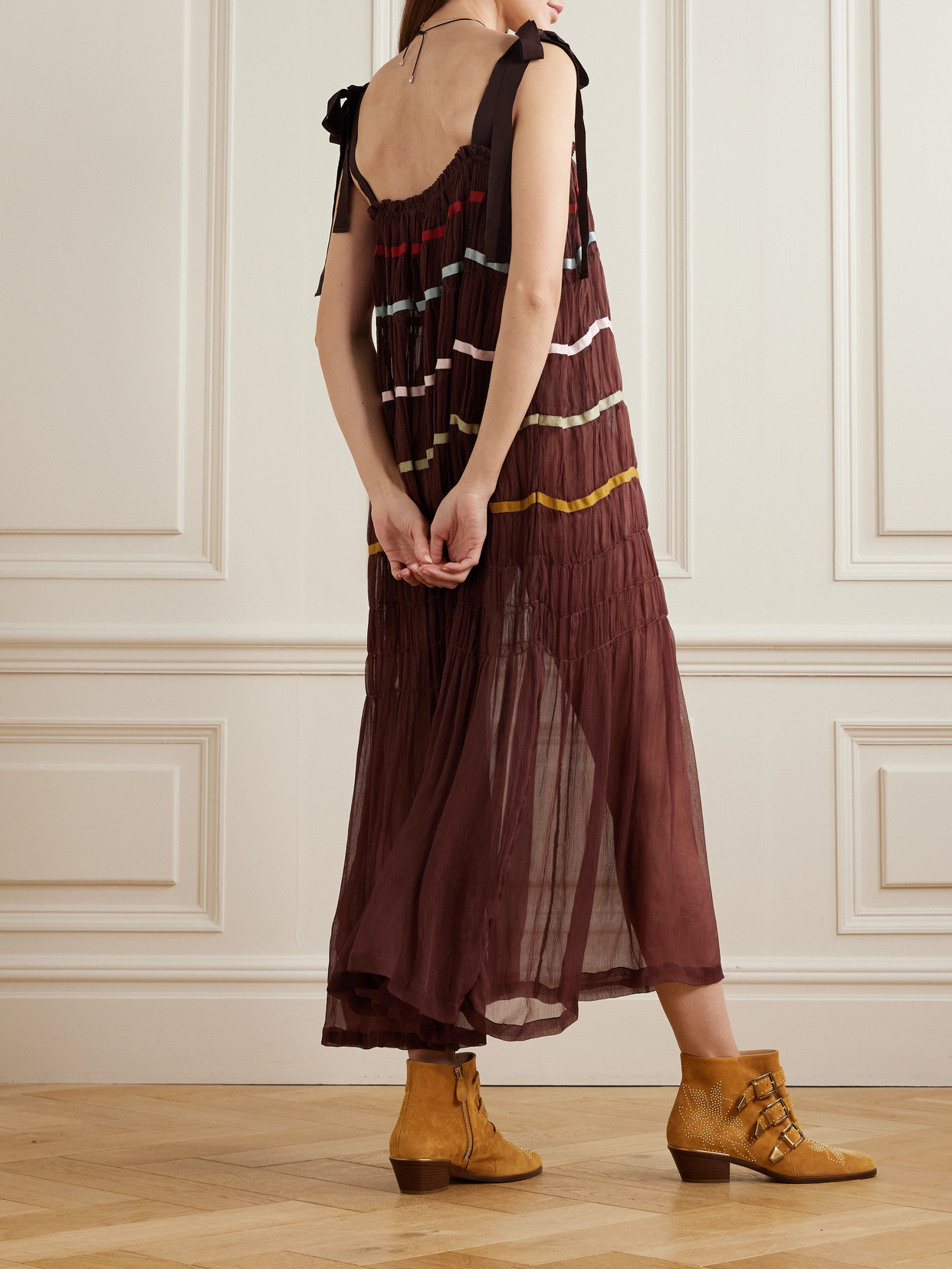 Alix Of Bohemia Emrys Clove Aurora Tiered Striped Gauze Midi Dress In Brown