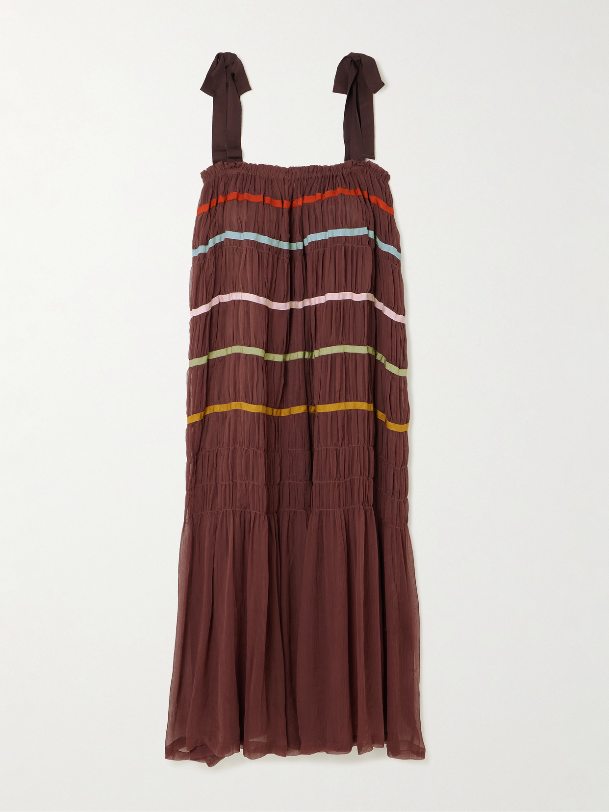 Alix Of Bohemia Emrys Clove Aurora Tiered Striped Gauze Midi Dress In Brown