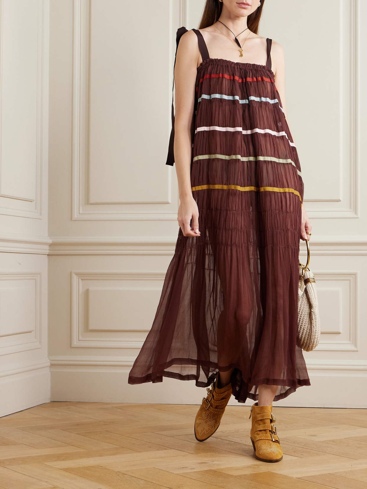 Alix Of Bohemia Emrys Clove Aurora Tiered Striped Gauze Midi Dress In Brown