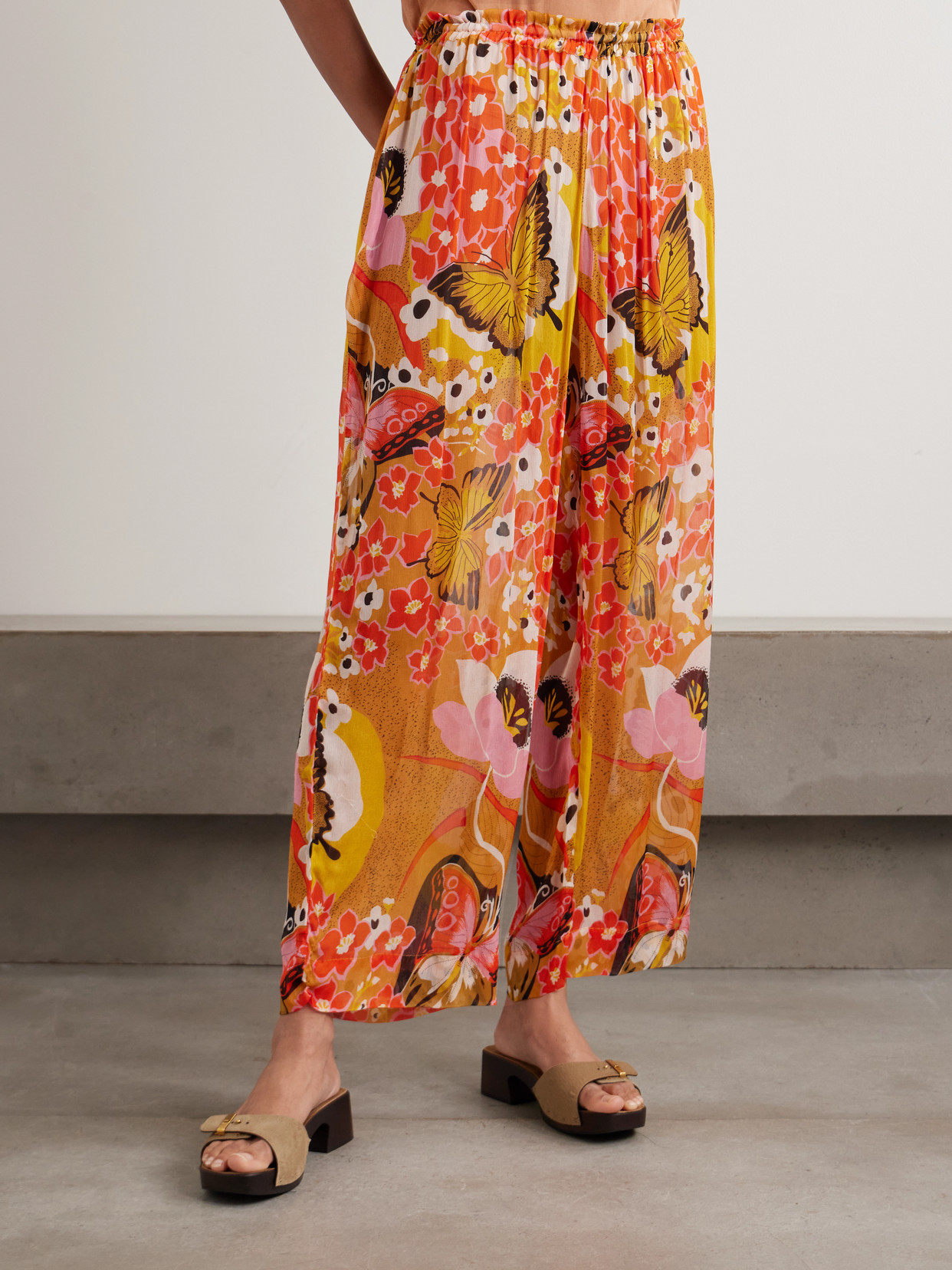 Alix Of Bohemia Otto Marigold Meadow Floral-print Georgette Straight-leg Pants In Orange