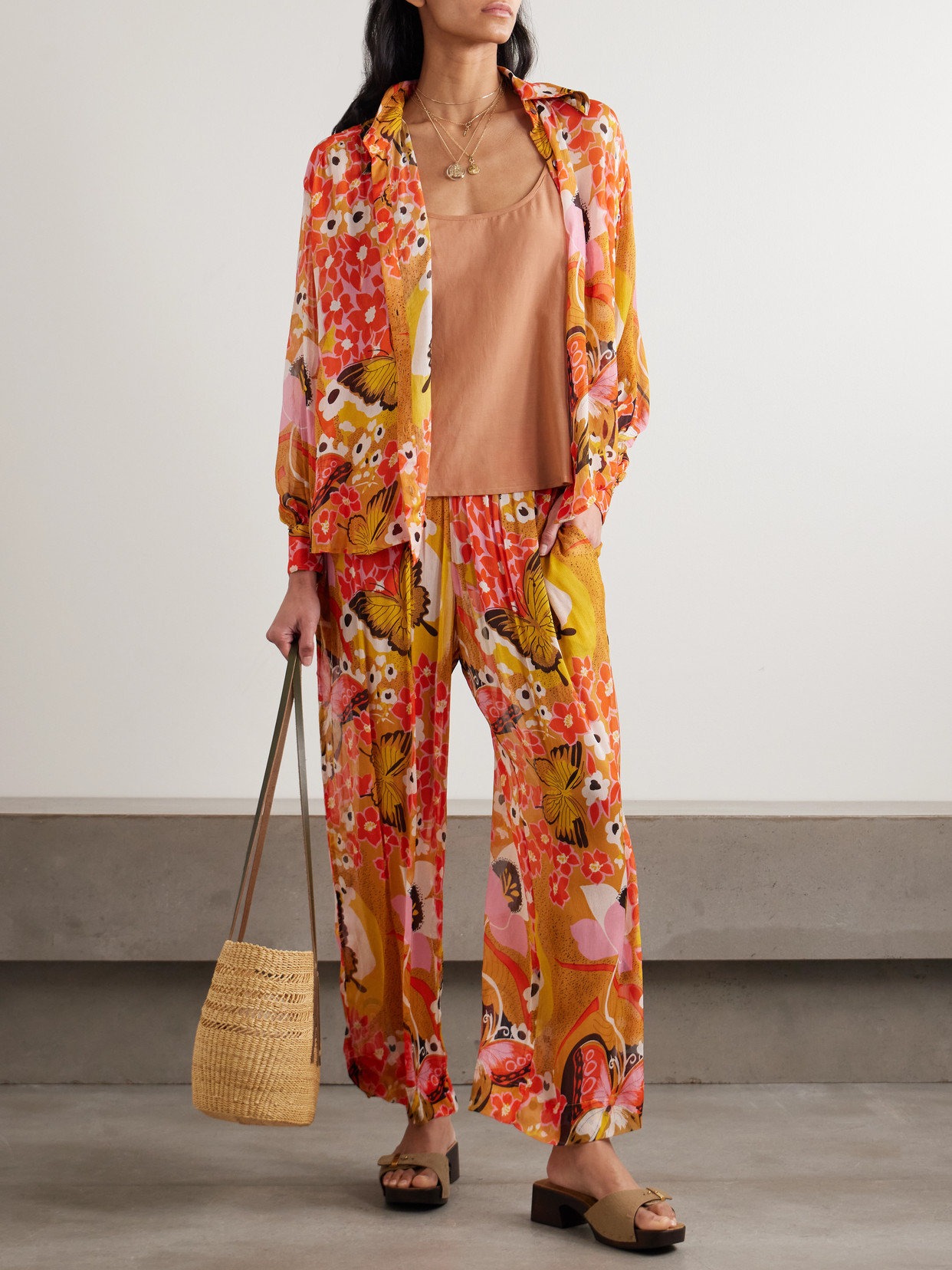 Alix Of Bohemia Otto Marigold Meadow Floral-print Georgette Straight-leg Pants In Orange