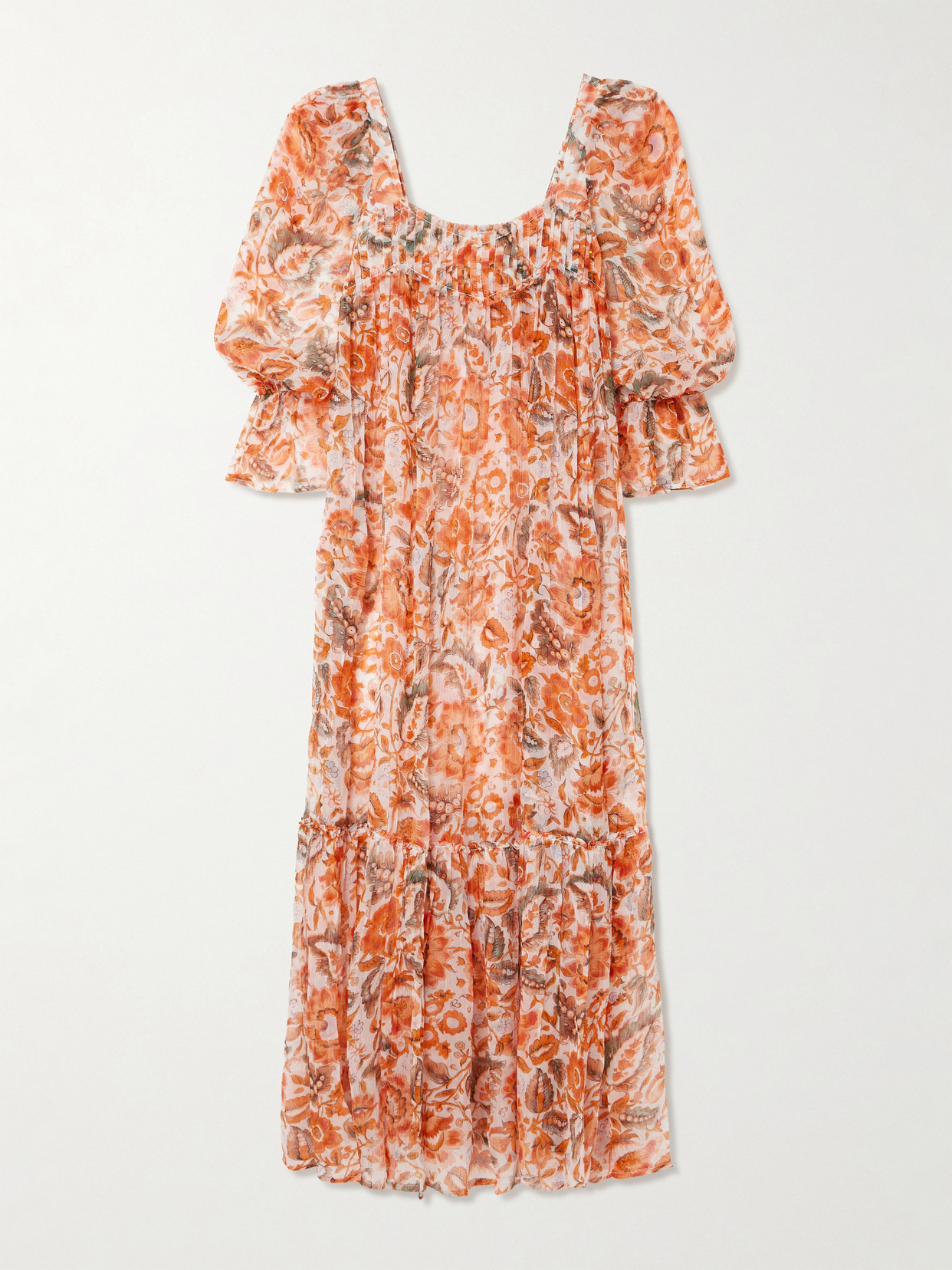 Alix Of Bohemia Lilium Topaz Flower Pleated Ruffled Printed Georgette Midi Dress In Orange