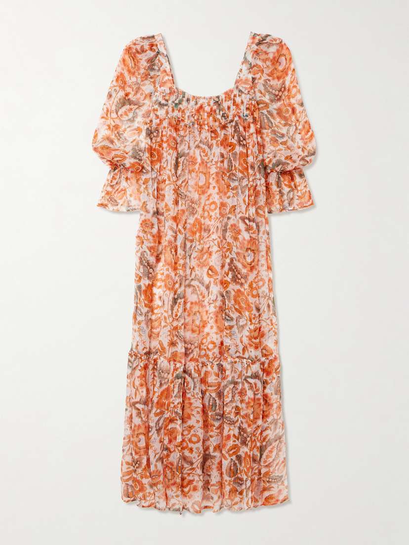 ALIX OF BOHEMIA Lilium Topaz Flower Pleated Ruffled Printed Georgette Midi Dress