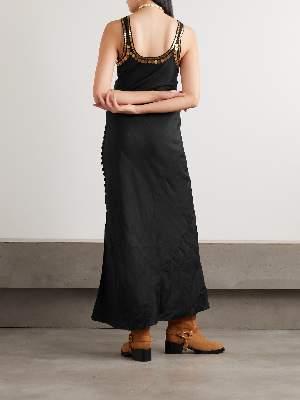 Alix Of Bohemia Adele Gilded Coin Embellished Silk-faille Midi Dress In Black
