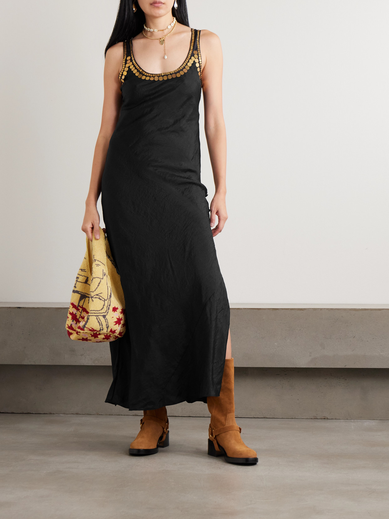 Alix Of Bohemia Adele Gilded Coin Embellished Silk-faille Midi Dress In Black