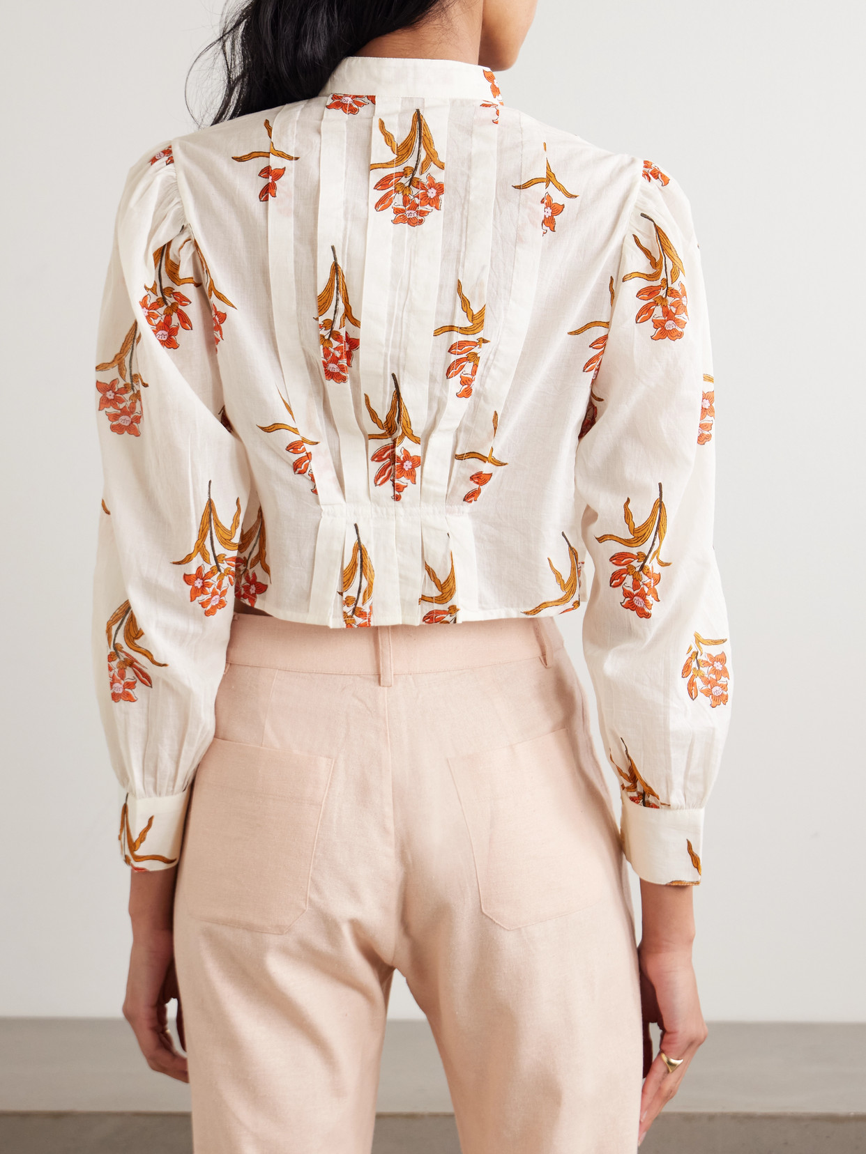 Alix Of Bohemia Ryland Persimmon Cropped Pleated Floral-print Cotton-voile Blouse In White