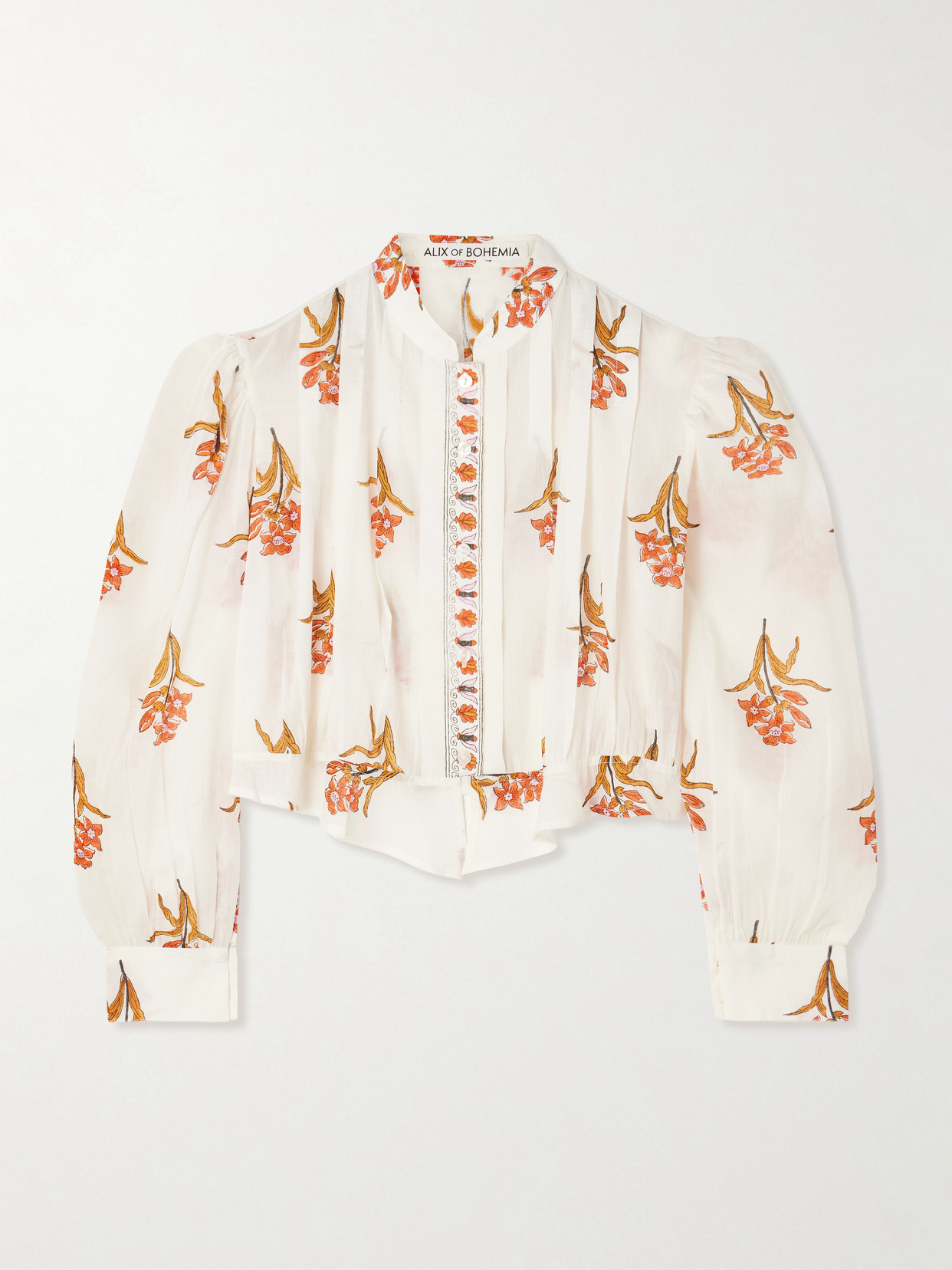 Alix Of Bohemia Ryland Persimmon Cropped Pleated Floral-print Cotton-voile Blouse In White