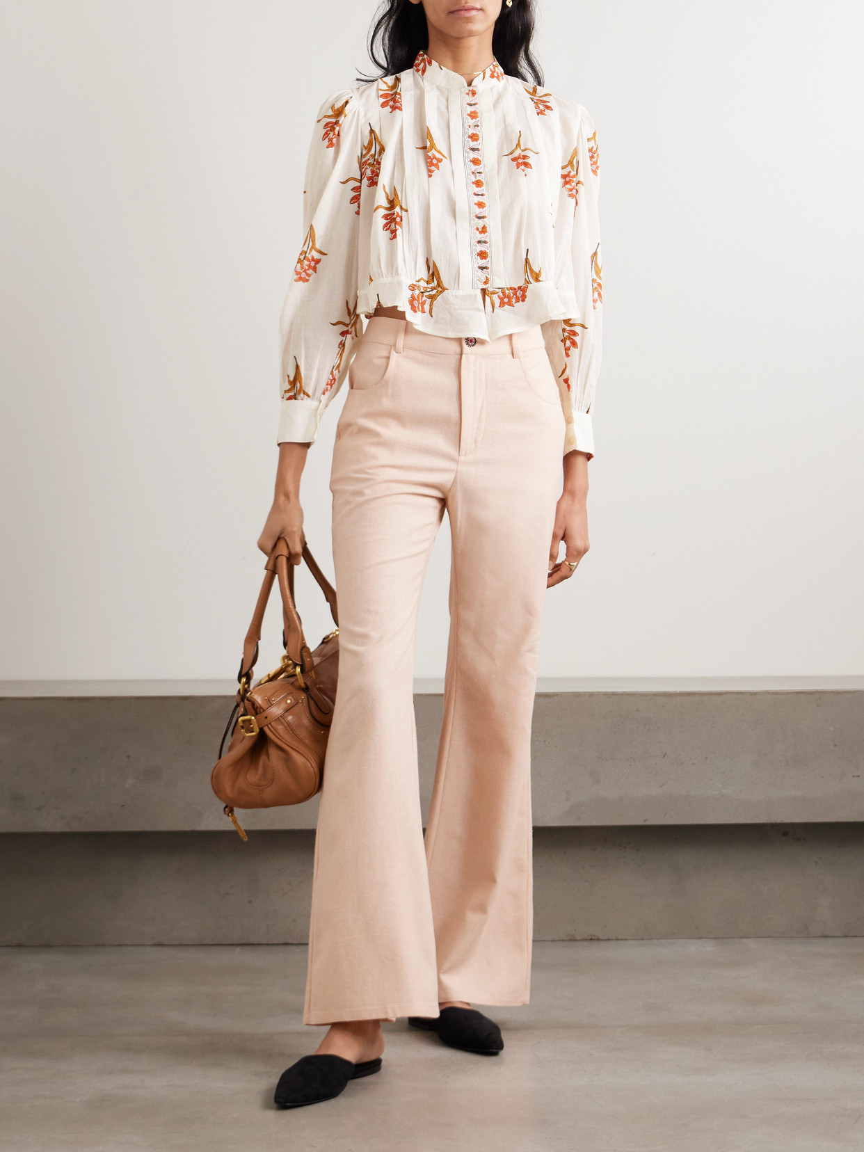 Alix Of Bohemia Ryland Persimmon Cropped Pleated Floral-print Cotton-voile Blouse In White