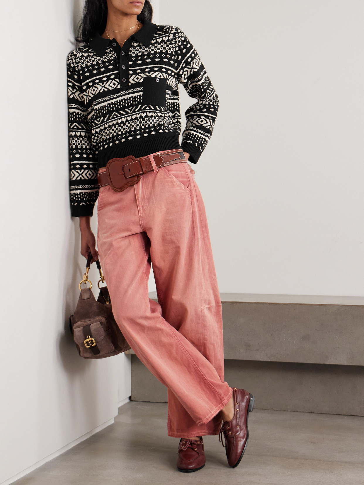 Alix Of Bohemia Liza Fair Isle Cotton Polo Sweater In Black