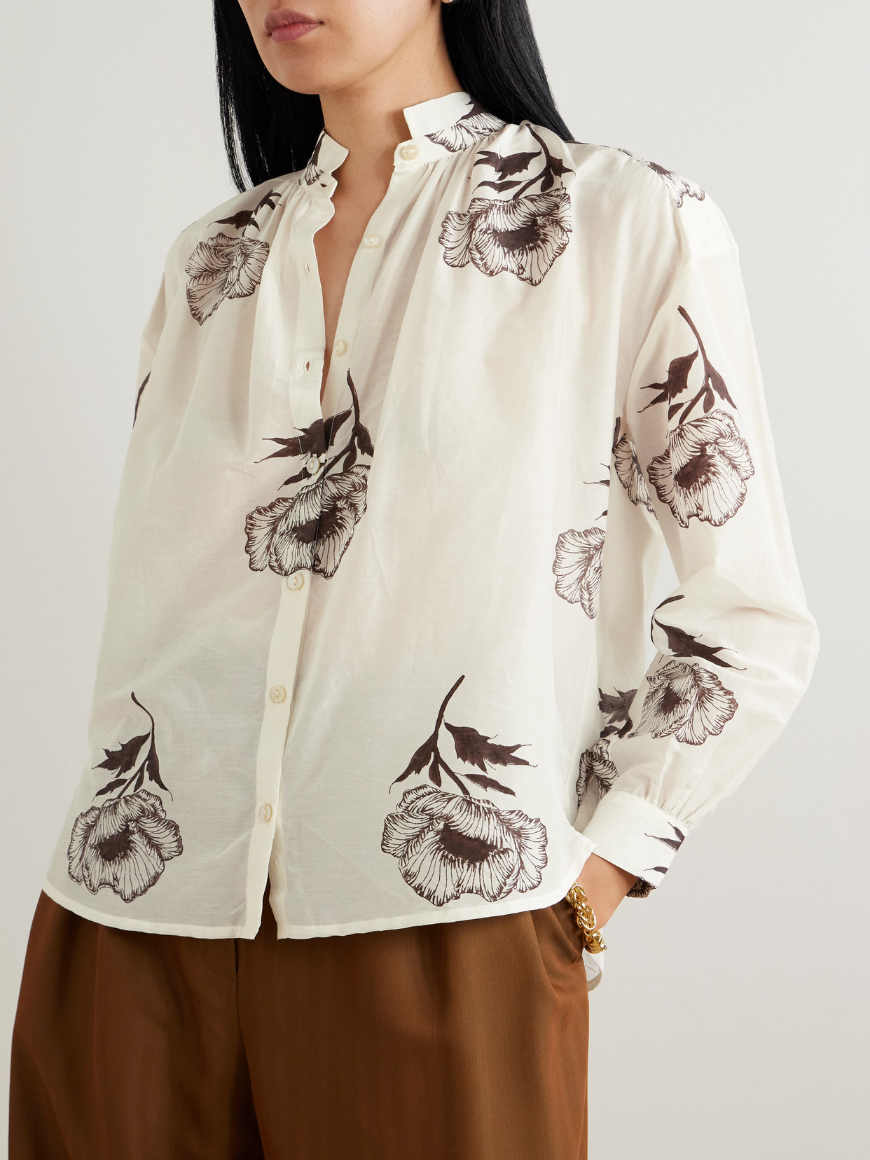 Kiki Obsidian Poppy Floral-Print Cotton And Silk-Blend Shirt