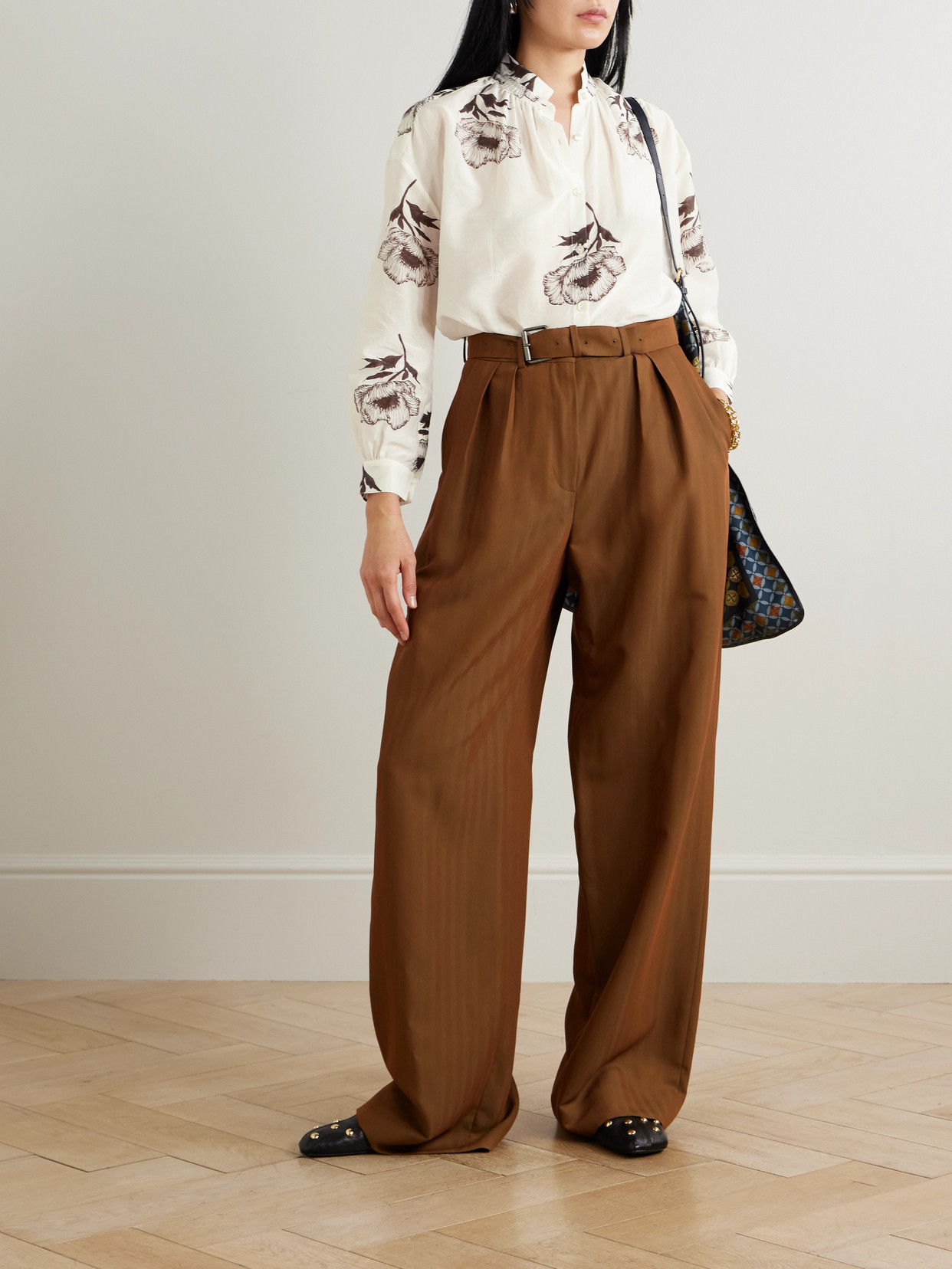 Kiki Obsidian Poppy Floral-Print Cotton And Silk-Blend Shirt