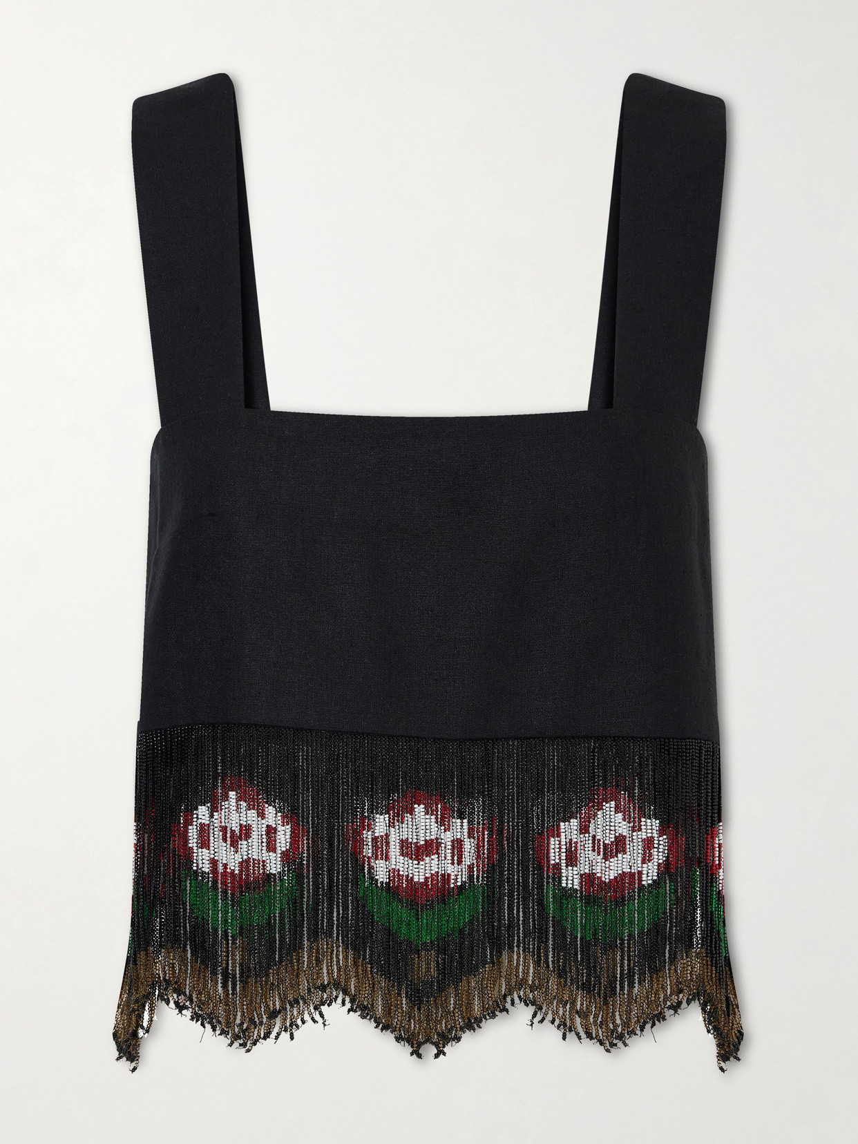 Alix Of Bohemia Mia Cropped Bead-embellished Fringed Silk Top In Black