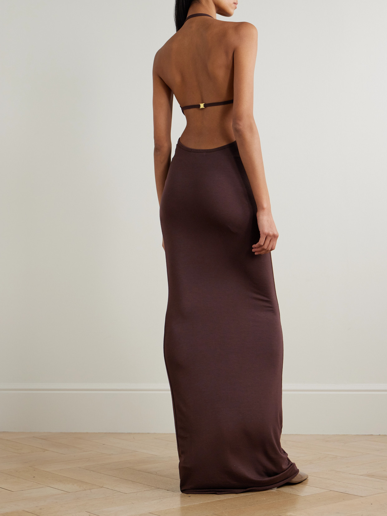 Éterne Vivian Stretch-modal Jersey Halterneck Maxi Dress In Brown