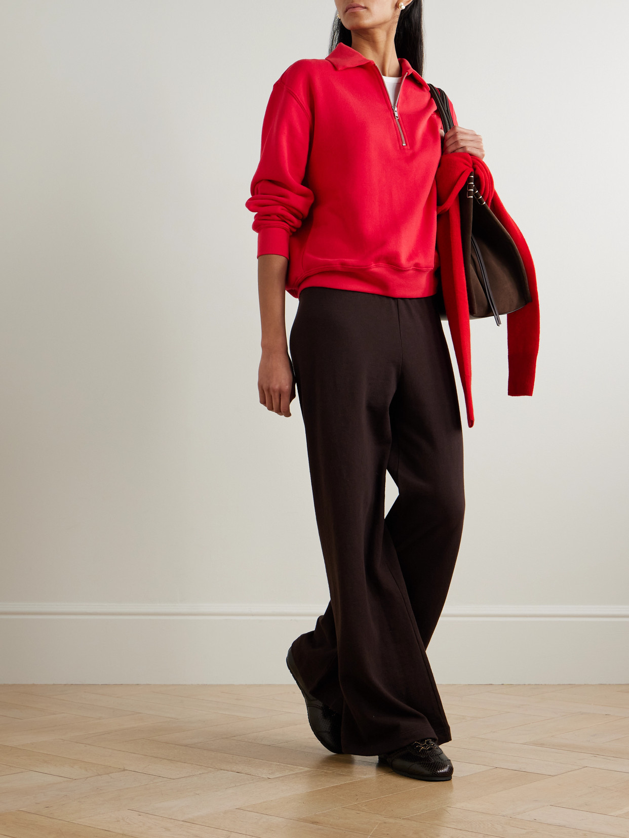 Éterne Embroidered French Cotton And Modal-blend Terry Half-zip Sweatshirt In Red