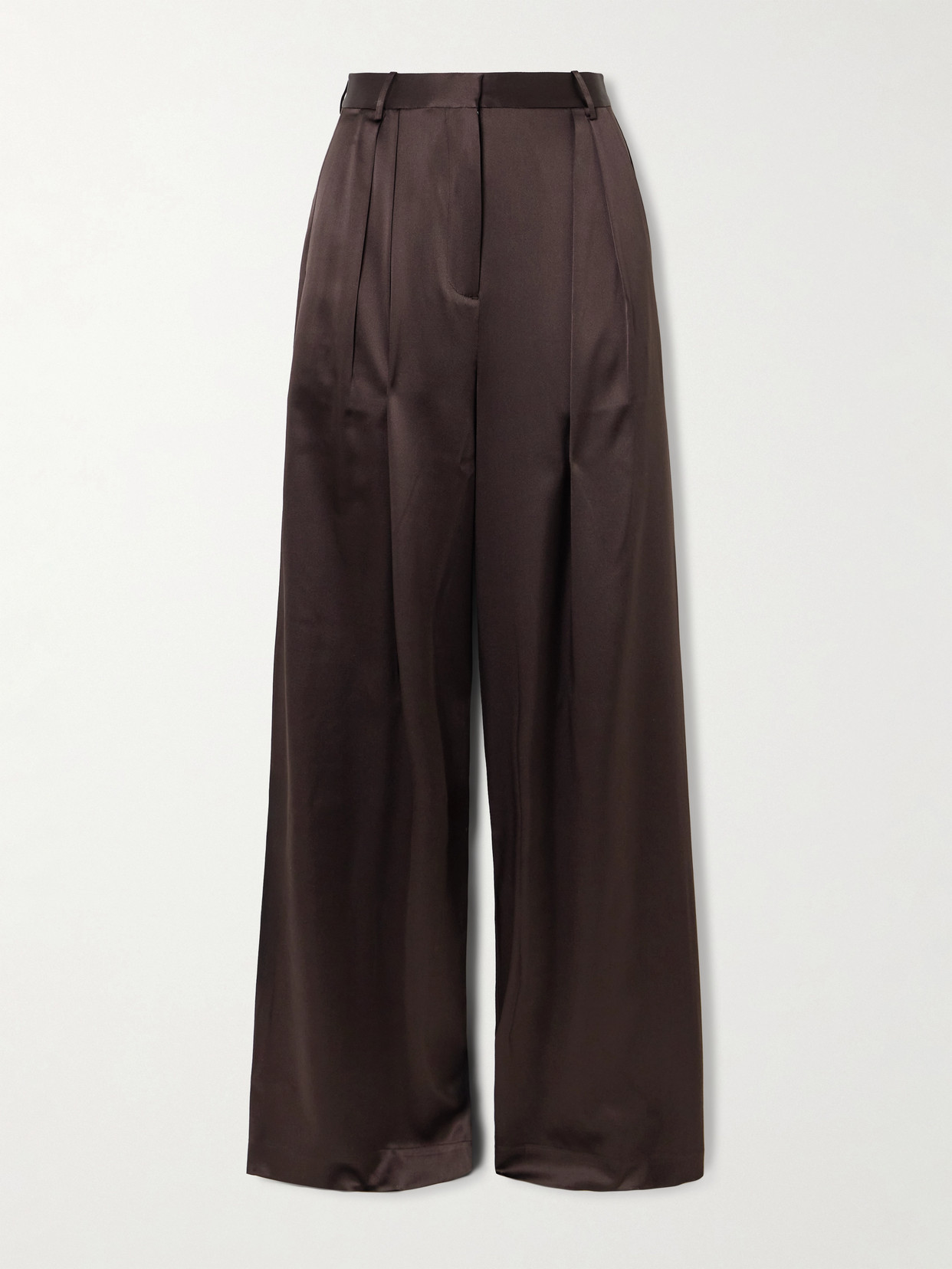 Éterne Josephine Pleated Stretch-silk Satin Straight-leg Pants In Brown