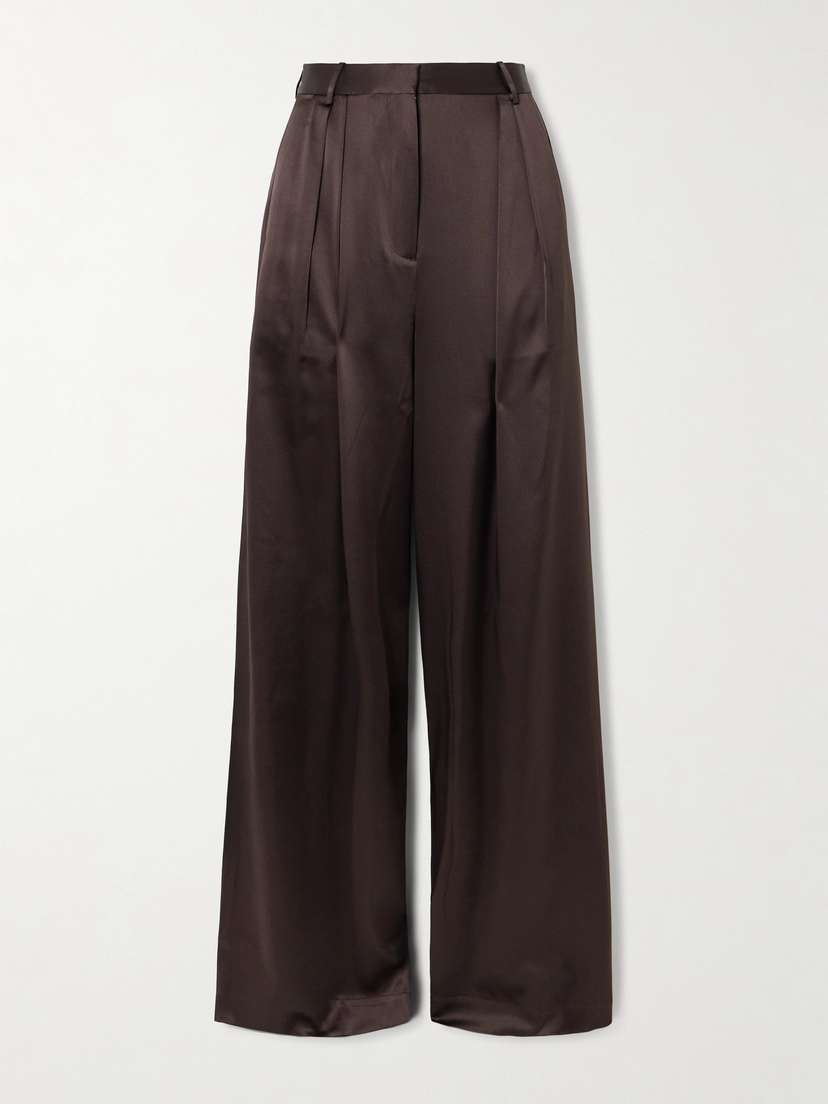 ÉTERNE Josephine Pleated Stretch-silk Satin Straight-leg Pants
