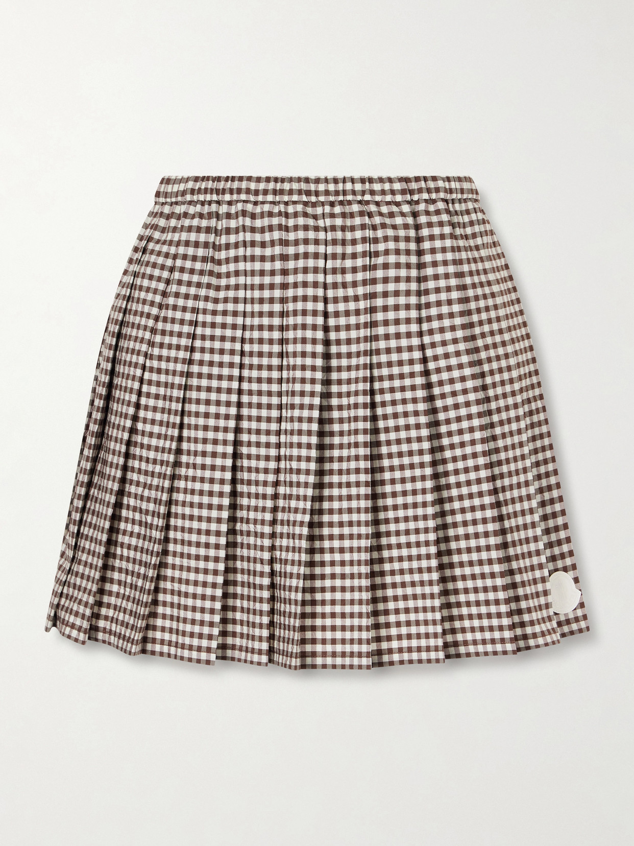 Moncler Appliquéd Pleated Gingham Cotton-blend Mini Skirt In Brown