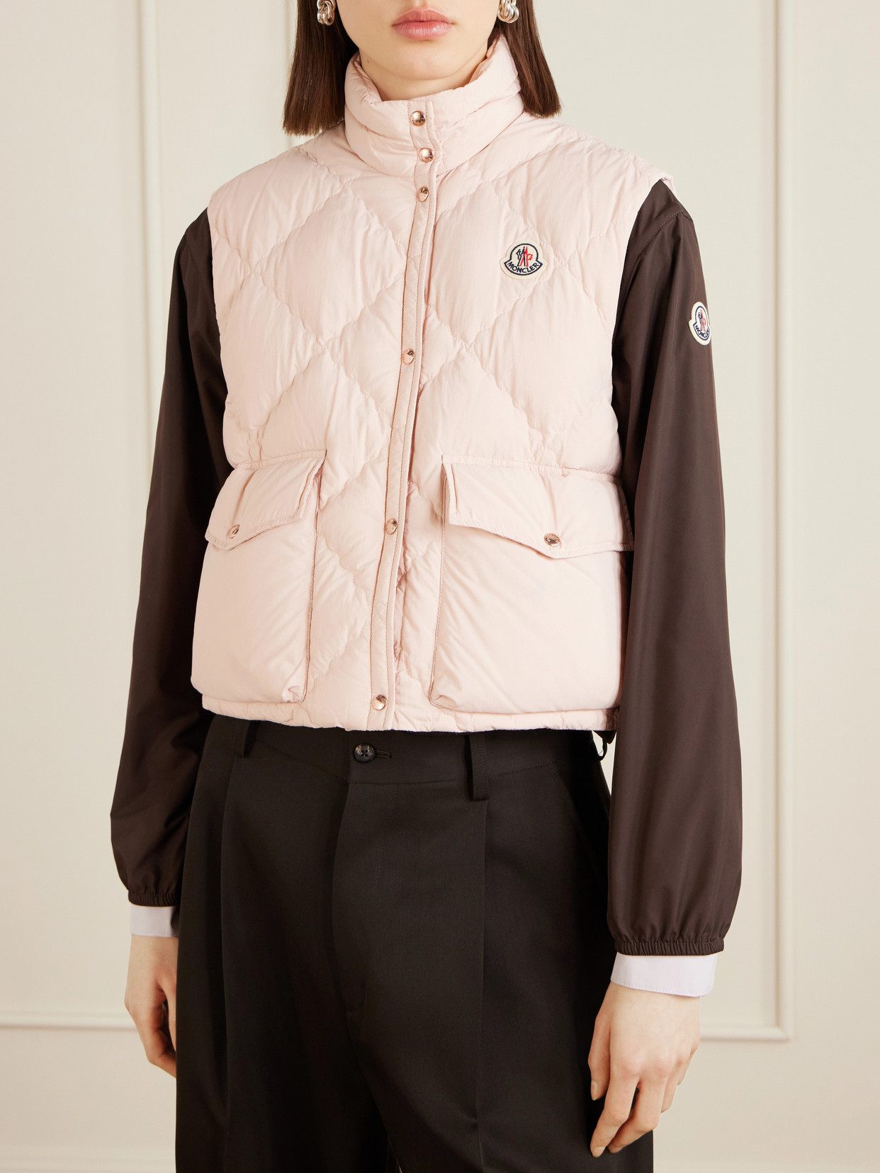 Moncler Biois High Collar Quilted Vest Pockets In Pink