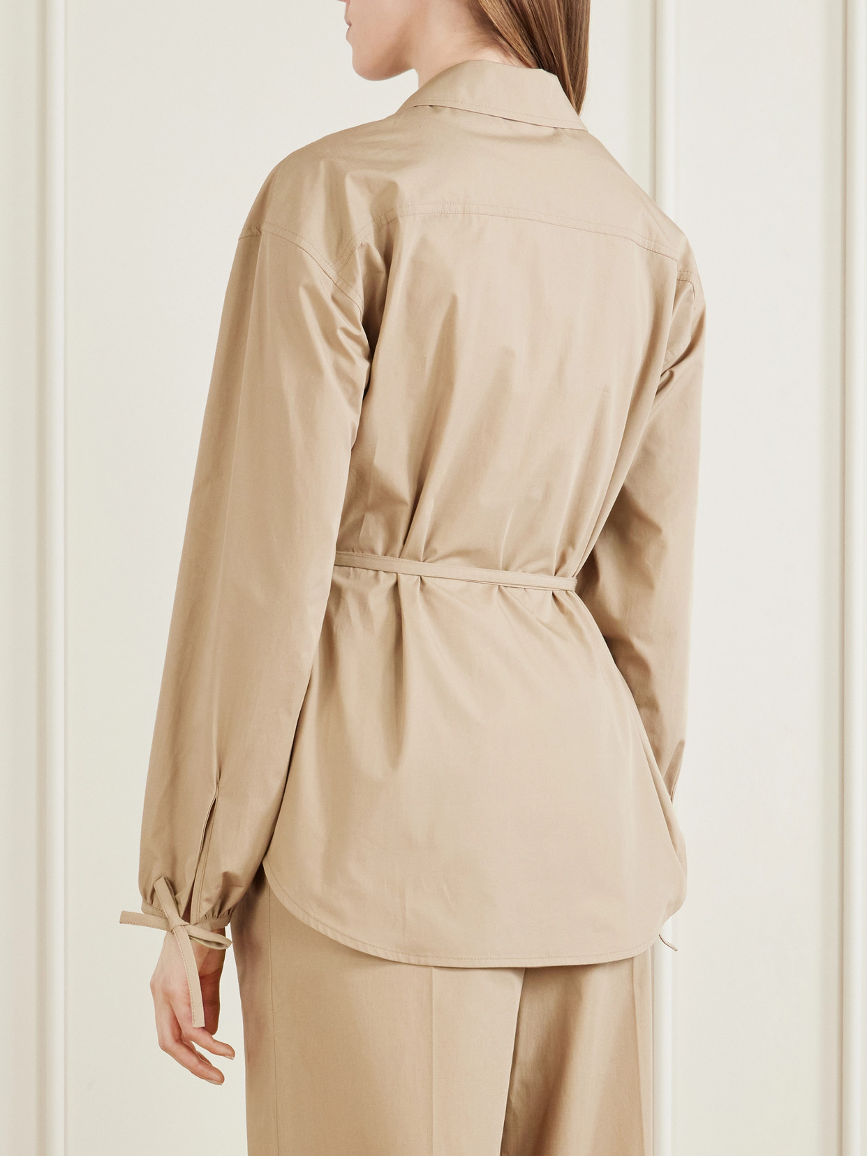Belted Appliquéd Cotton-Poplin Zip-Up Shirt