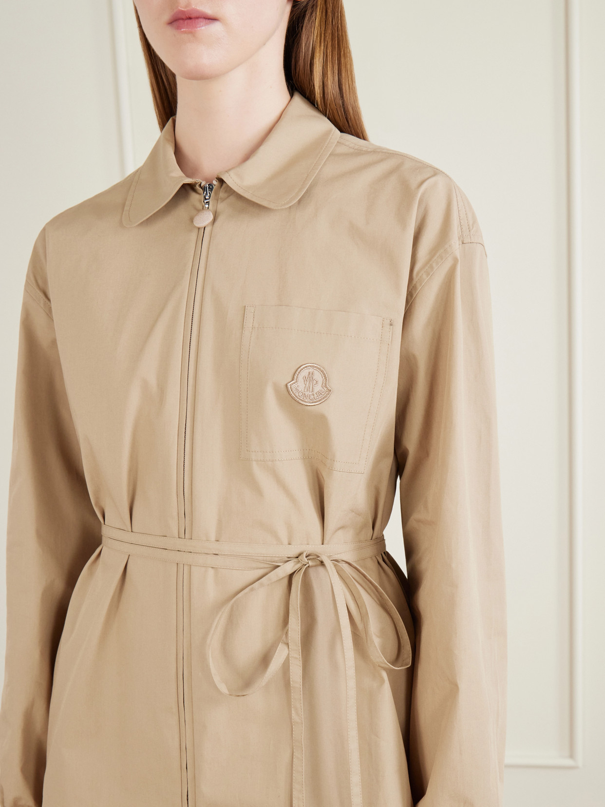 Belted Appliquéd Cotton-Poplin Zip-Up Shirt