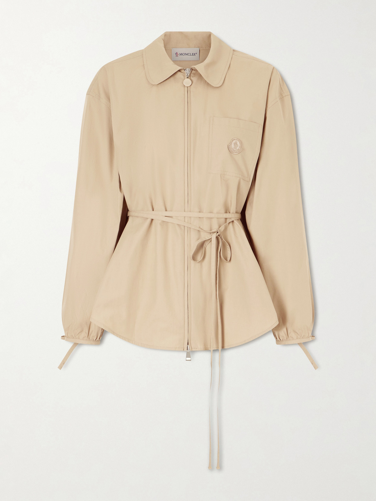 Moncler Belted Appliquéd Cotton-poplin Zip-up Shirt In Brown