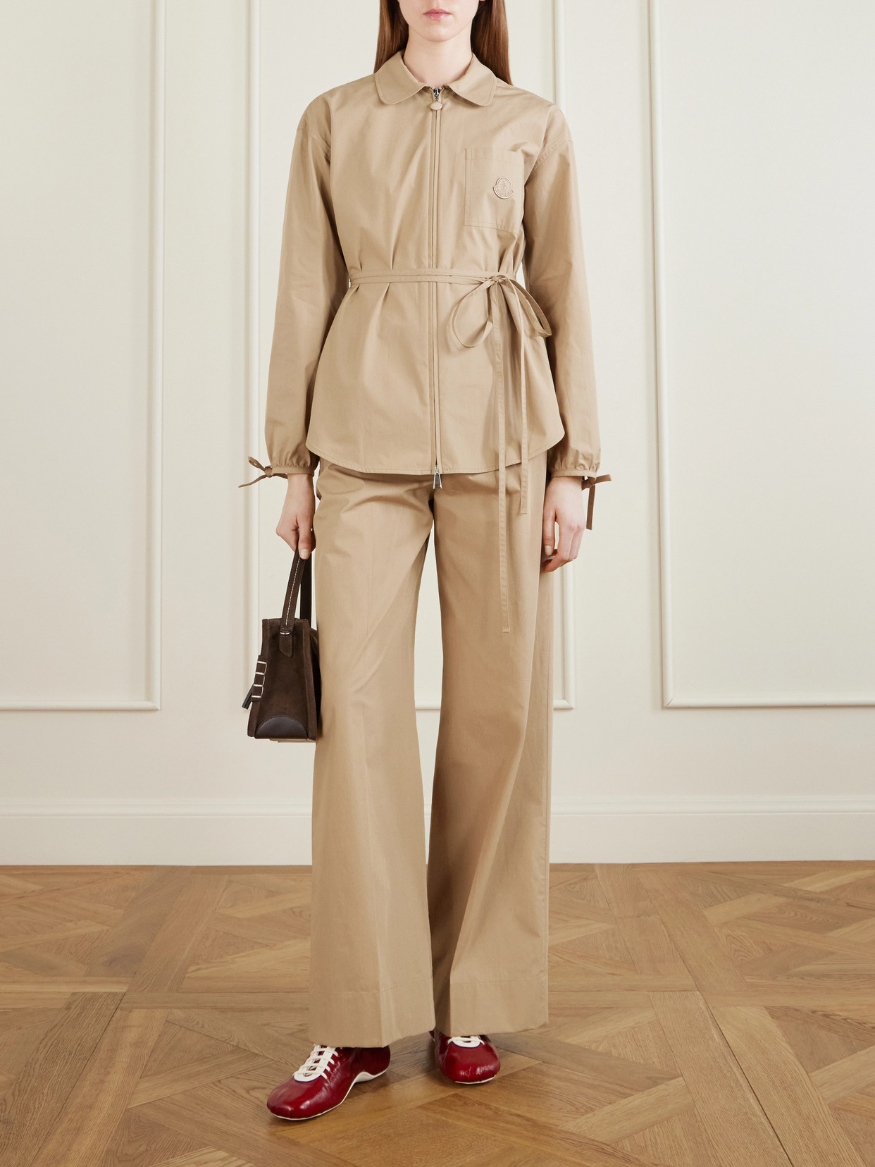 Belted Appliquéd Cotton-Poplin Zip-Up Shirt