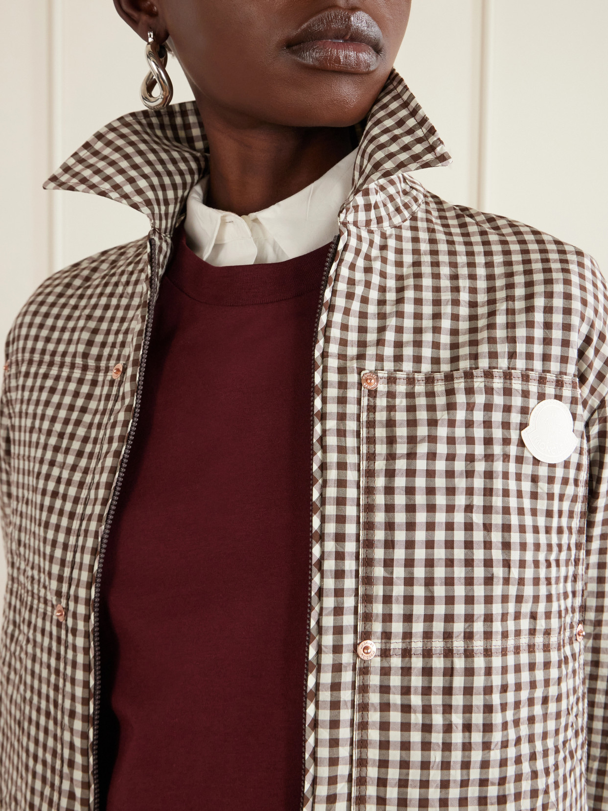 Cropped Appliquéd Gingham Cotton-Blend Shirt