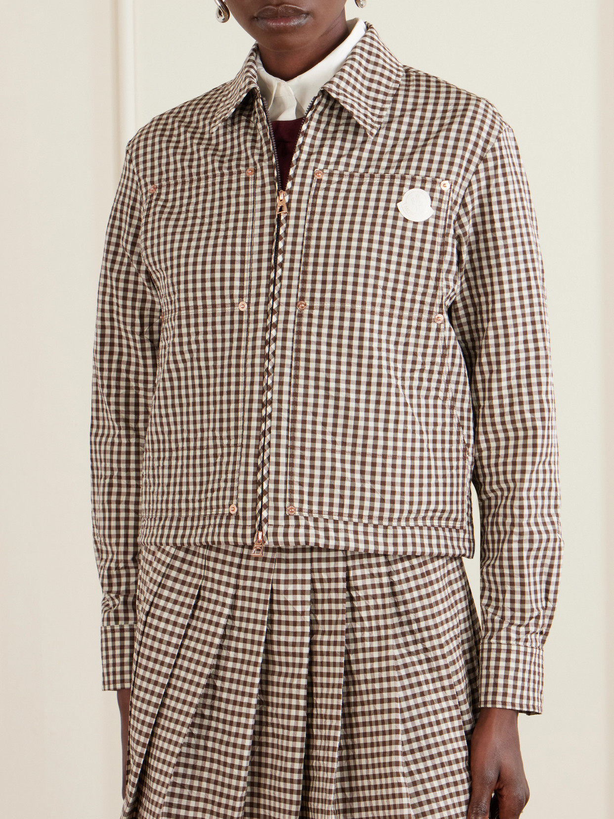 Cropped Appliquéd Gingham Cotton-Blend Shirt