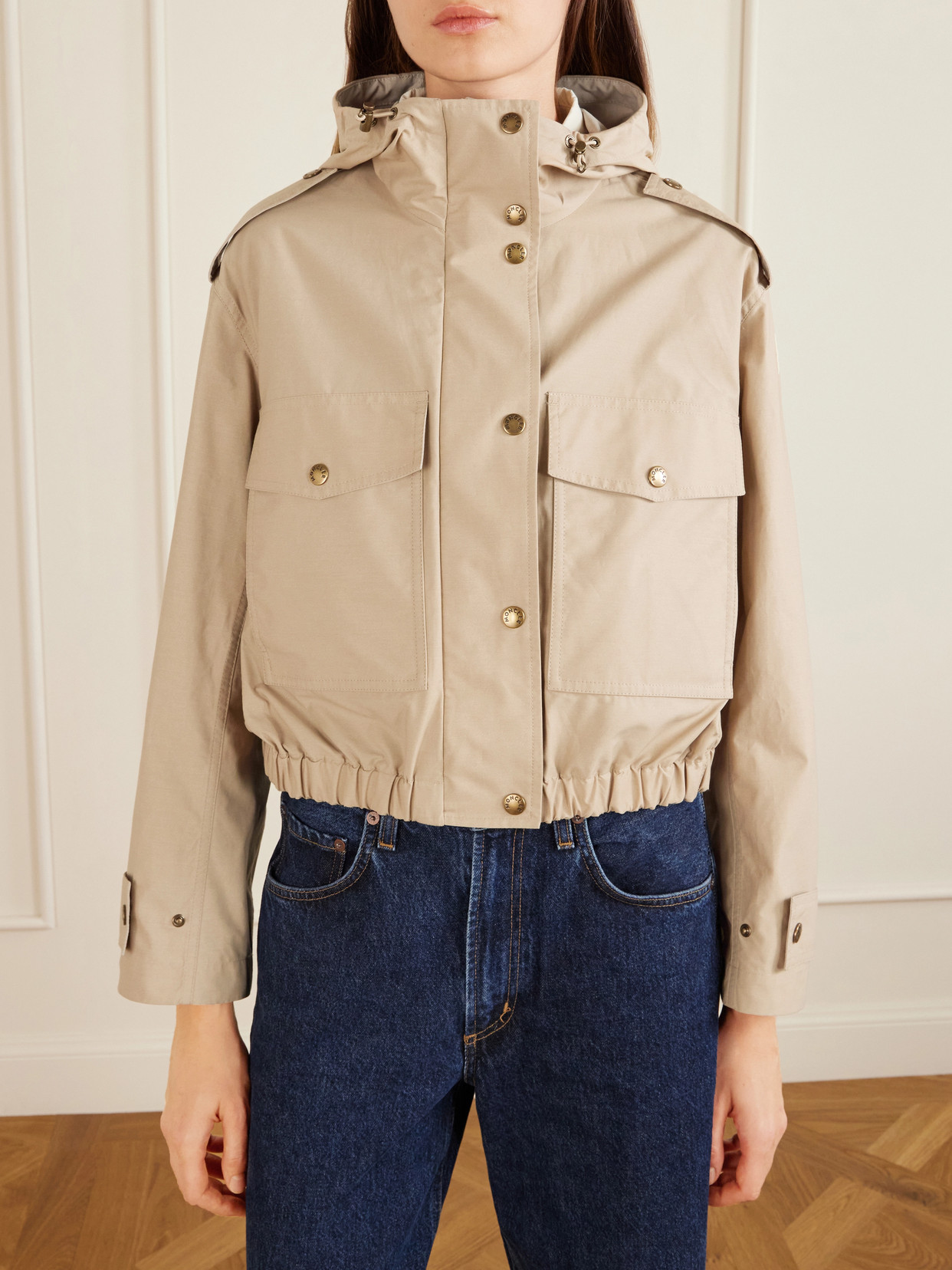 Moncler Carex Cropped Hooded Cotton-blend Poplin Jacket In Neutral