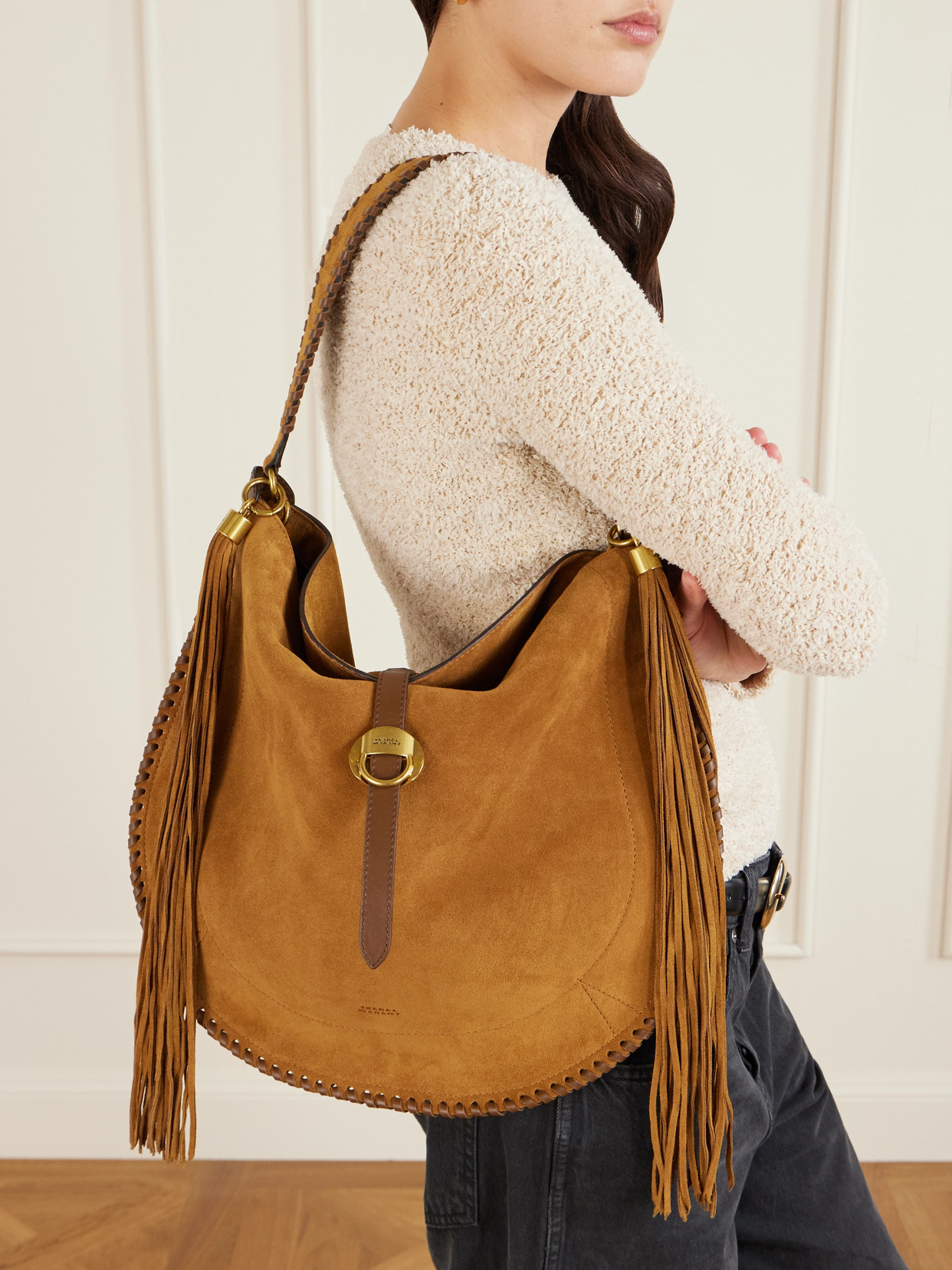 Isabel Marant Oskan Soft Whipstitched Fringed Suede Shoulder Bag In Brown