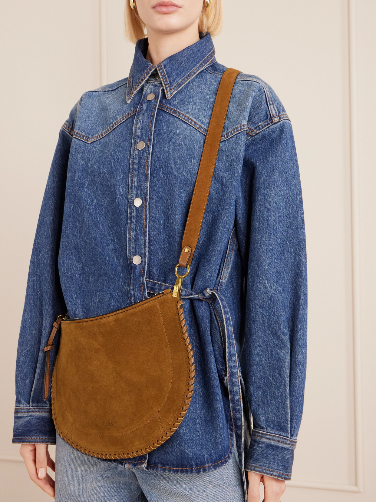 Isabel Marant Oskan Soft Whipstitched Suede Shoulder Bag In Brown