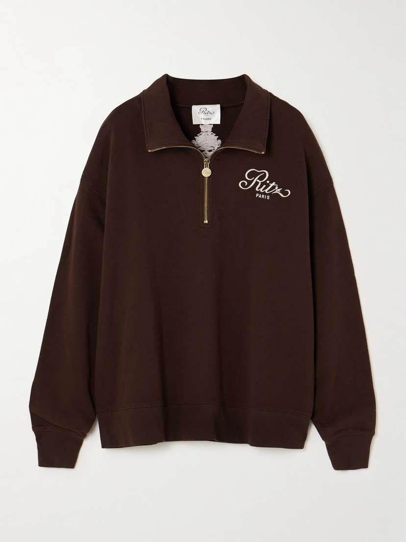 Frame + Ritz Paris Oversized Embroidered Cotton-jersey Half-zip Sweatshirt