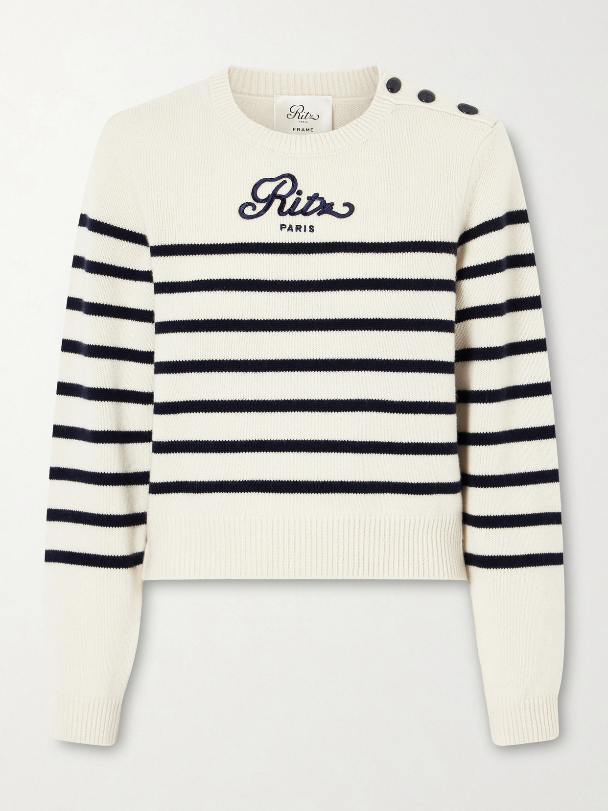 Frame + Ritz Paris Embroidered Striped Cashmere Sweater In White