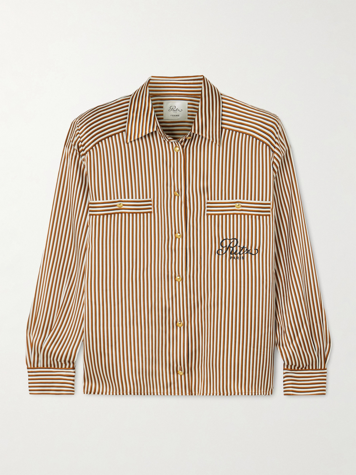 Frame + Ritz Paris Embroidered Striped Silk-satin Shirt In Brown