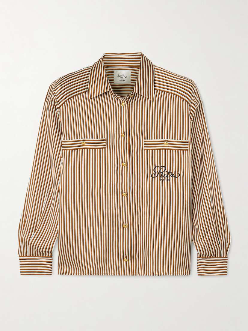 Frame + Ritz Paris Embroidered Striped Silk-satin Shirt