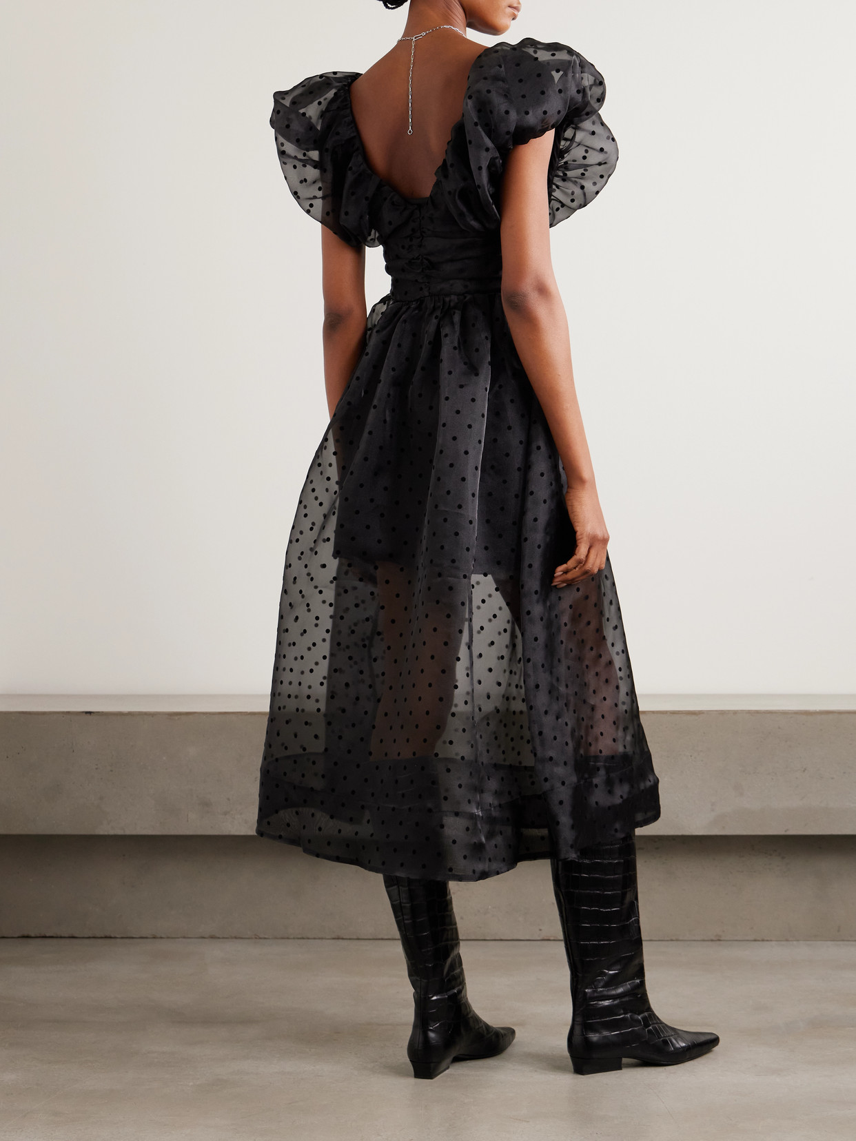 Ganni Ruched Flocked Polka-dot Recycled Organza Midi Dress In Black