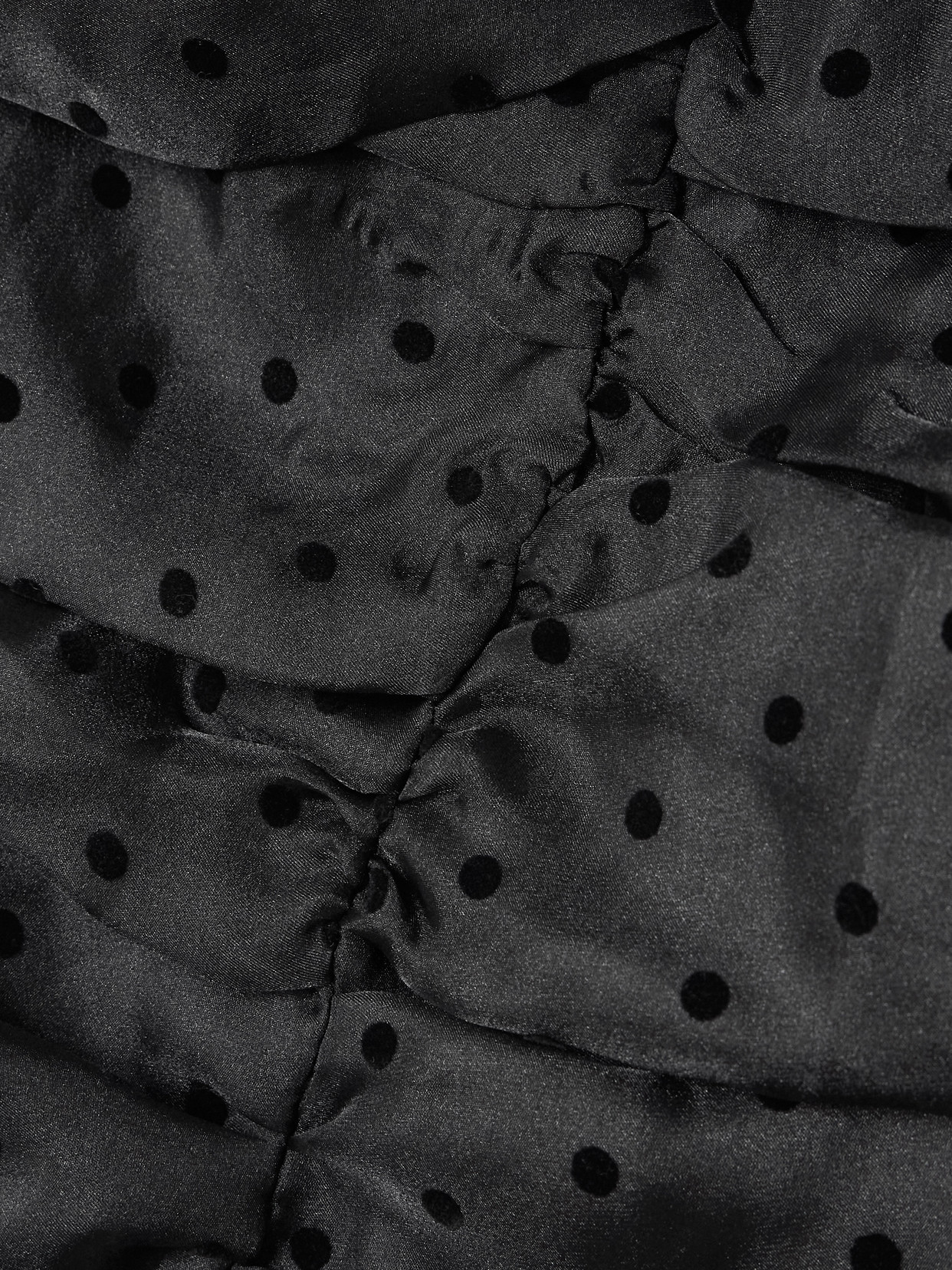Ganni Ruched Flocked Polka-dot Recycled Organza Midi Dress In Black