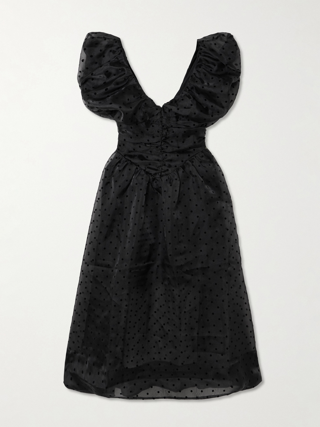 Ganni Ruched Flocked Polka-dot Recycled Organza Midi Dress In Black