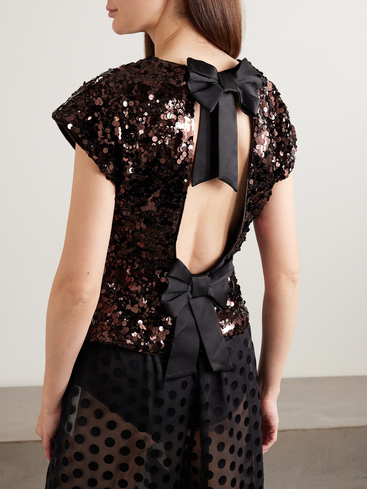 Ganni Womens Demitasse Bow-embroidered Sequin-embellished Velvet Top In Brown