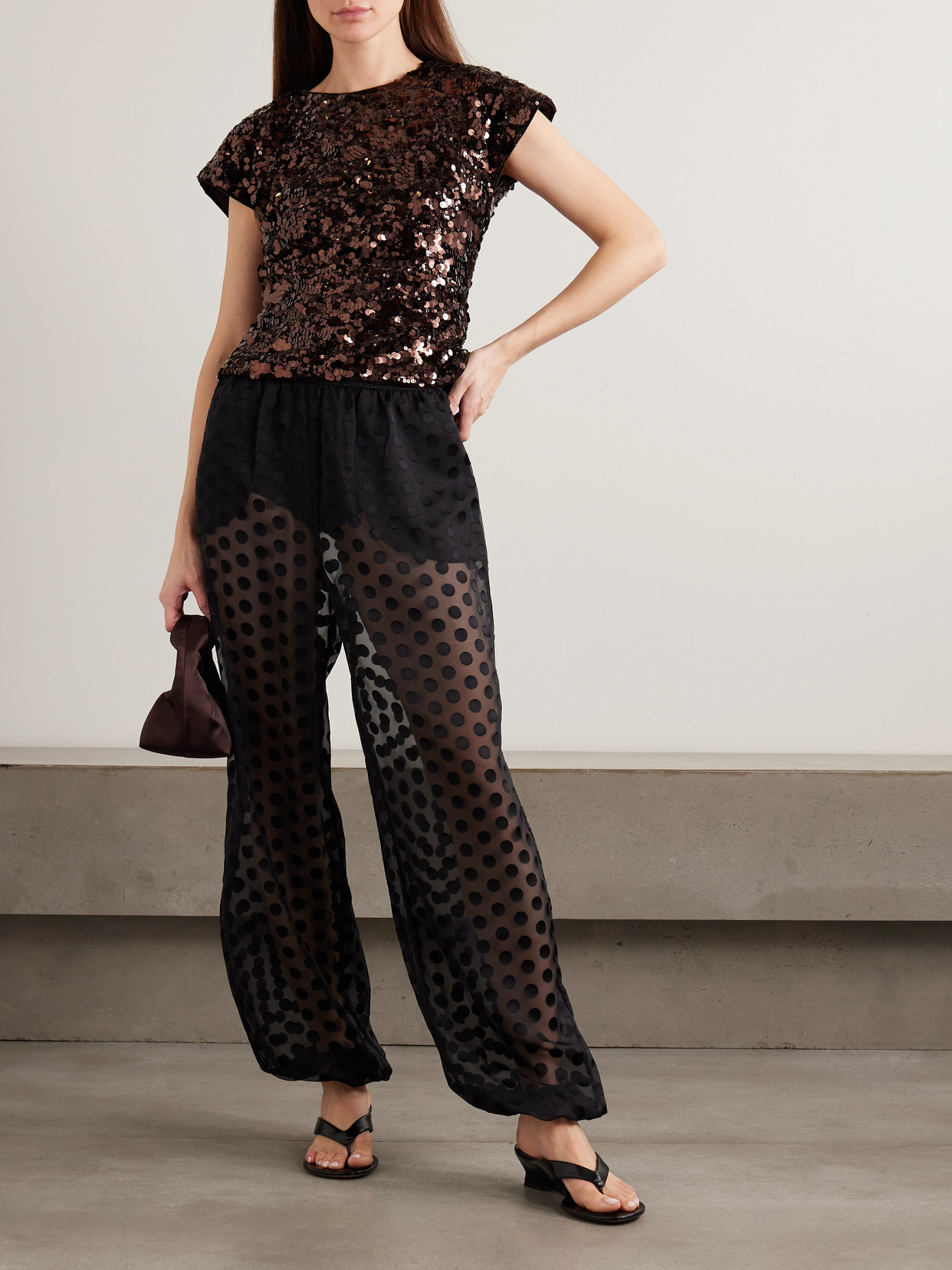 Ganni Womens Demitasse Bow-embroidered Sequin-embellished Velvet Top In Brown